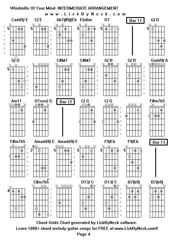 Chord Grids Chart of chord melody fingerstyle guitar song-Windmills Of Your Mind- INTERMEDIATE ARRANGEMENT,generated by LickByNeck software.